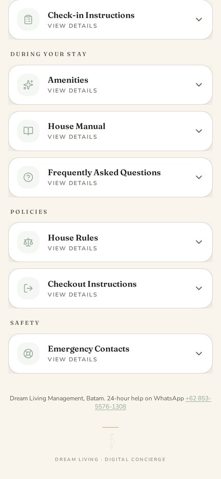 Dream Living Digital Concierge stay guide with amenities, house manual, and checkout instructions