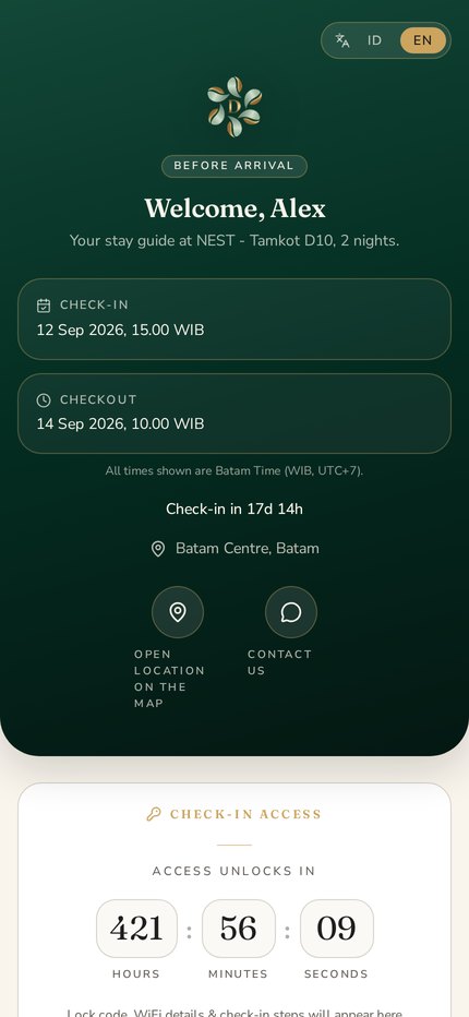 Dream Living Digital Concierge welcome screen showing check-in and checkout times