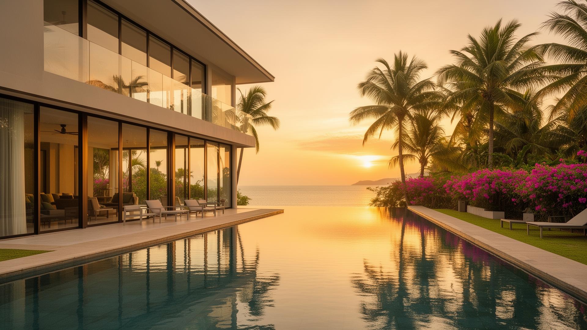 Luxury villa with infinity pool at golden-hour sunset in Batam